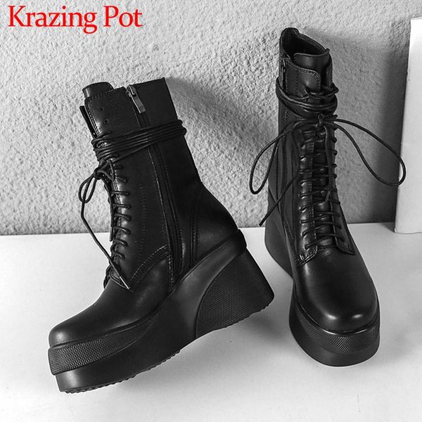 krazing pot streetwear high fashion thick bottom cow leather boots round toe high heels winter women lace up mid-calf boots l22, Black
krazing pot streetwear high fashion thick bottom cow leather boots round toe high heels winter women lace up mid-calf boots l22, Black