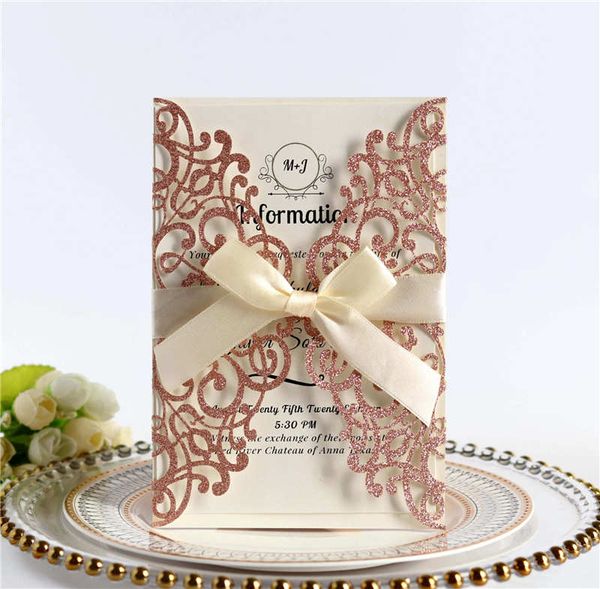 2019 50pcs/lot new rose gold glitter laser cut bling invitations card with beige ribbon for wedding bridal shower engagement birthday
2019 50pcs/lot new rose gold glitter laser cut bling invitations card with beige ribbon for wedding bridal shower engagement birthday