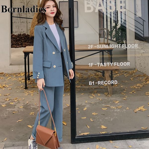bornladies 2020 new arrival long sleeve blazer coat + long pants 2 pieces sets for women casual office work suits, White;black