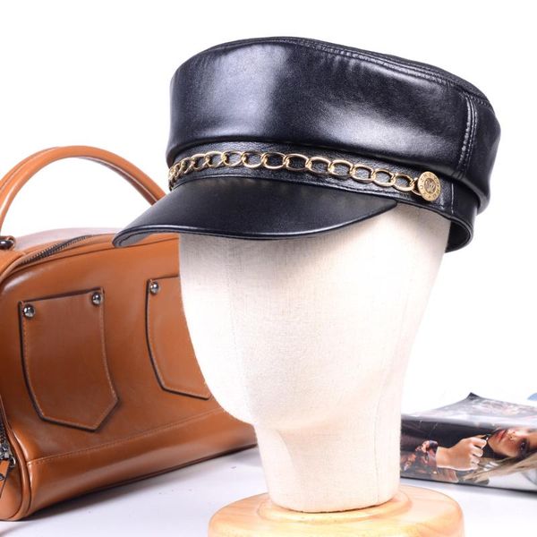 women's men's big lip cap real leather black silver chains newsboy army flat hats/caps, Blue;gray