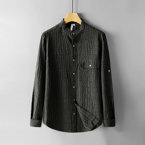 men long sleeve shirt stand collar blue plaid casual vintage shirts man cotton linen clothes, White;black
men long sleeve shirt stand collar blue plaid casual vintage shirts man cotton linen clothes, White;black
