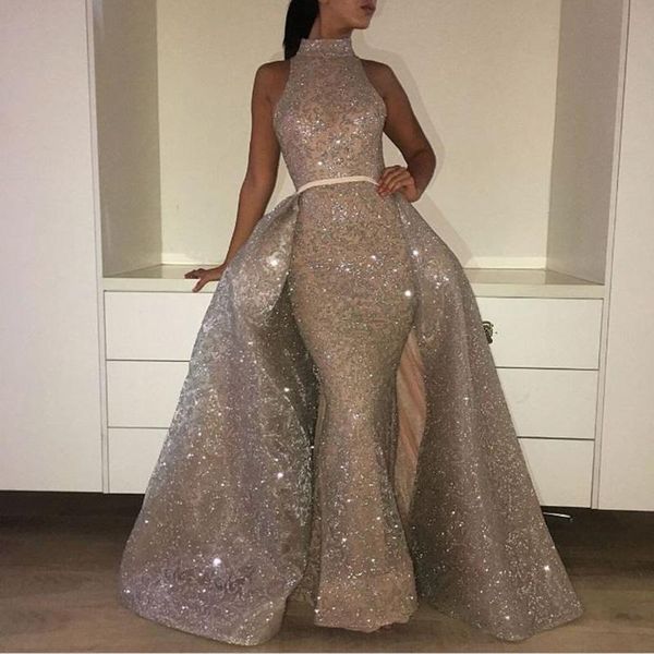 high neck bling sequined evening dresses wear lace mermaid sequins sleeveless overskirts arabic formal prom dress party gowns, Black;red
high neck bling sequined evening dresses wear lace mermaid sequins sleeveless overskirts arabic formal prom dress party gowns, Black;red