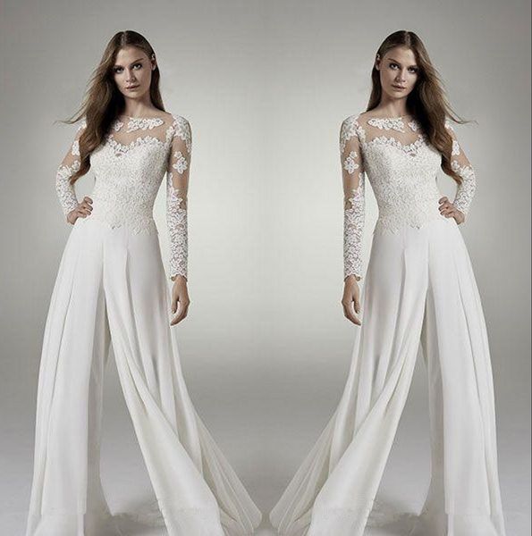 

2019 Lace Long Sleeves Wedding Bridal Jumpsuits Jewel Sheer Neck Hollow Back Applique Chiffon Suits Wedding Dresses Reception Party Wears