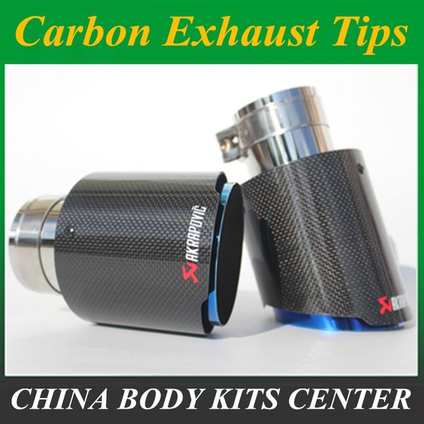 

2pcs 63mm / 101mm glossy carbon fiber +blue stainless steel universal car akrapovic exhaust tip tailtip end pipe