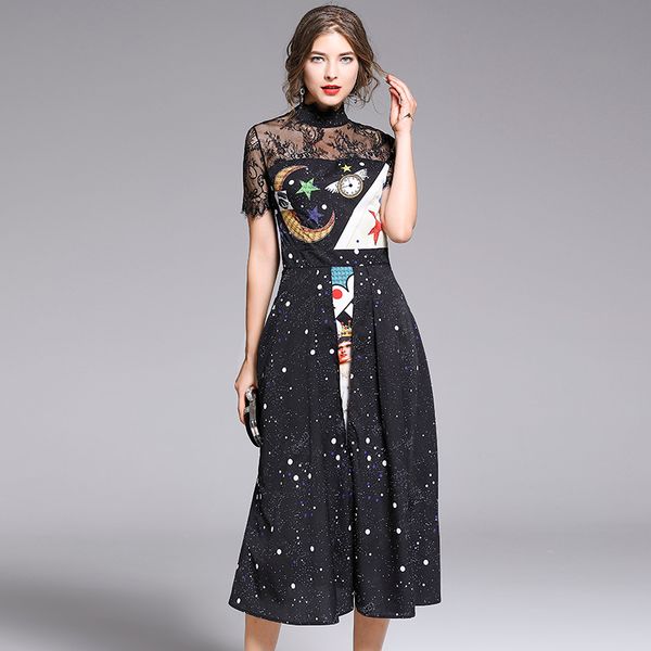 new summer women's black short sleeve dress elegant lady print lace patchwork split vintage midi dress, Black;gray
new summer women's black short sleeve dress elegant lady print lace patchwork split vintage midi dress, Black;gray