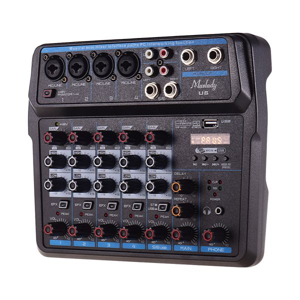 muslady u4/u6 musical mini mixer 6 channels audio mixers bt usb mixing console with sound card built-in 48v phantom power
muslady u4/u6 musical mini mixer 6 channels audio mixers bt usb mixing console with sound card built-in 48v phantom power
