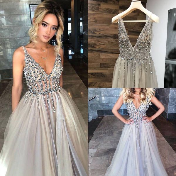 silver open back prom dresses deep v-neck straps long tulle sparkly beading slit prom gowns a-line formal evening dress, Black
silver open back prom dresses deep v-neck straps long tulle sparkly beading slit prom gowns a-line formal evening dress, Black