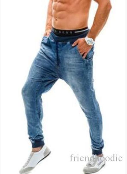 mens high waist jeans casual loose harem pants elastic waist washed denim blue pantalones