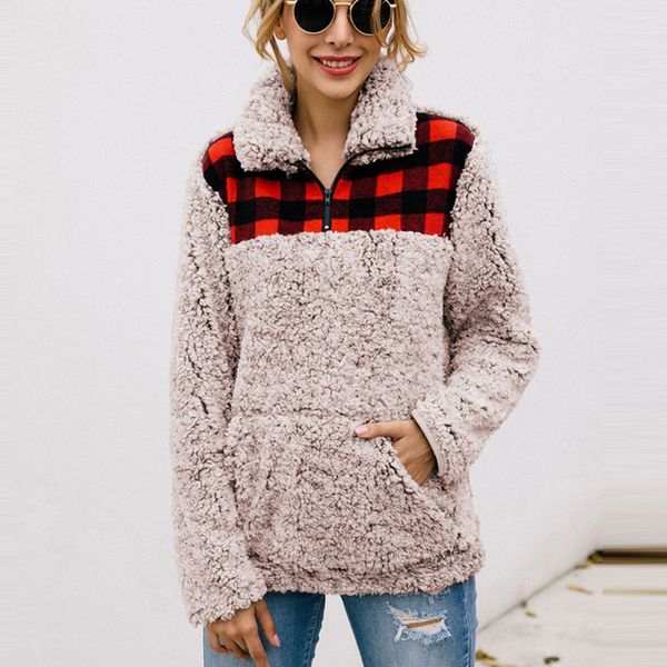 women teddy plush plaid stitching long sleeve sweatshirt autumn winter plush warm zipper front pocket clothing female 2019, Black
women teddy plush plaid stitching long sleeve sweatshirt autumn winter plush warm zipper front pocket clothing female 2019, Black