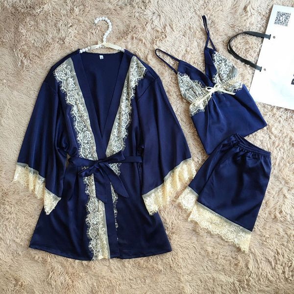 women silk 3pcs pajamas sets shorts pullover solid color lace v neck sleepwear satin nightwear lingerie pajamas suit, Blue;gray
women silk 3pcs pajamas sets shorts pullover solid color lace v neck sleepwear satin nightwear lingerie pajamas suit, Blue;gray