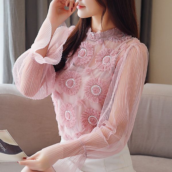 perspective 3d floral petals lace blouses folds gauze spliced hollow out shirts long flare sleeved fairy stand collar mesh, White
perspective 3d floral petals lace blouses folds gauze spliced hollow out shirts long flare sleeved fairy stand collar mesh, White