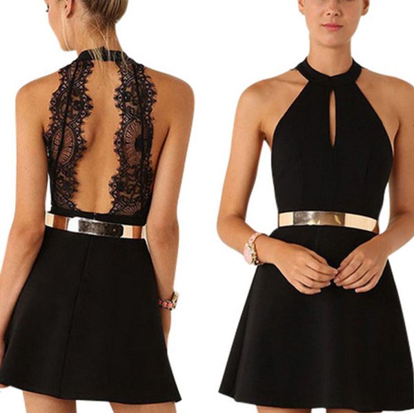 women summer sleeveless halter dresses ladies casual solid black v-back evening party lace mini dress, Black;gray
women summer sleeveless halter dresses ladies casual solid black v-back evening party lace mini dress, Black;gray