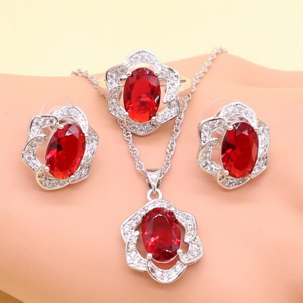 925 silver color jewelry sets for women red cubic zirconia earrings pendant necklace rings gift box made in china
925 silver color jewelry sets for women red cubic zirconia earrings pendant necklace rings gift box made in china