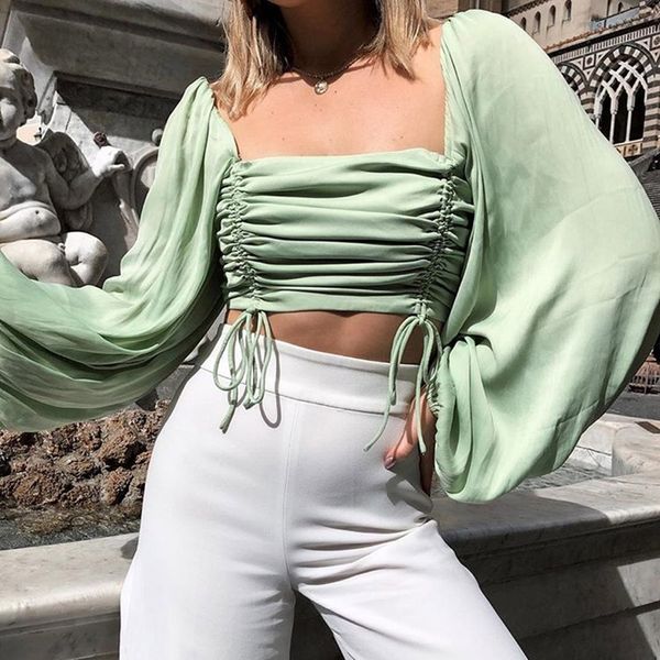 

drawstring sash ruffles women blouse square neckline lace patchwork vintage blusa 2019 spring summer solid slim fashion #g5, White