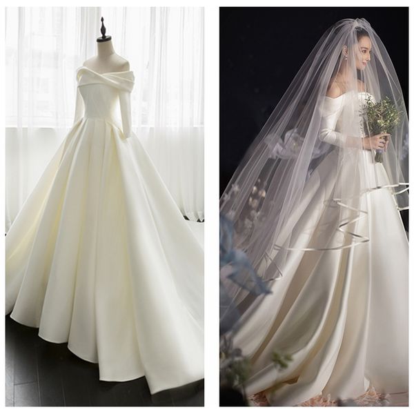graceful off-shoulder satin long sleeve wedding dresses a-line with pleated skirt white wedding dresses lace up back vestidos de novia
graceful off-shoulder satin long sleeve wedding dresses a-line with pleated skirt white wedding dresses lace up back vestidos de novia