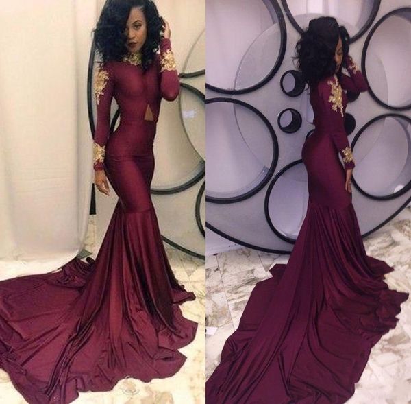 Sexy Burgundy Mermaid Black Girls Prom Dresses 2019 New Long Sleeve Gold Lace Applique Sweep Strain Formal Evening Dress Party Gowns
Sexy Burgundy Mermaid Black Girls Prom Dresses 2019 New Long Sleeve Gold Lace Applique Sweep Strain Formal Evening Dress Party Gowns