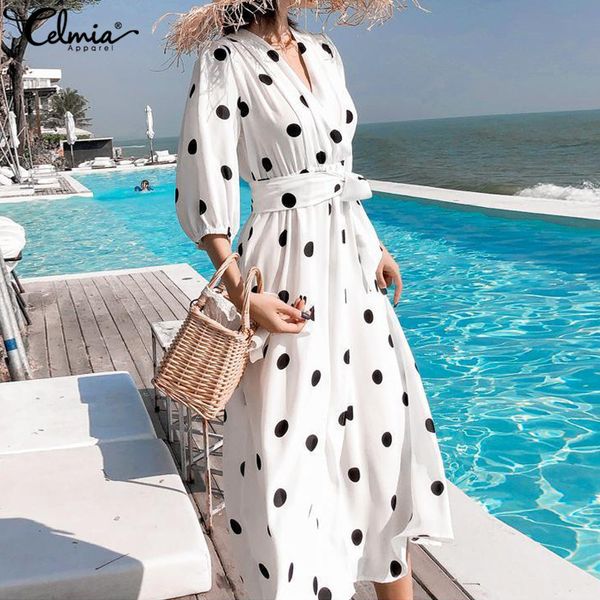 oversized women v-neck polka dot print beach dress celmia 2019 summer bohemian lantern sleeve belt maxi dress robe vestidos, Black;gray
oversized women v-neck polka dot print beach dress celmia 2019 summer bohemian lantern sleeve belt maxi dress robe vestidos, Black;gray