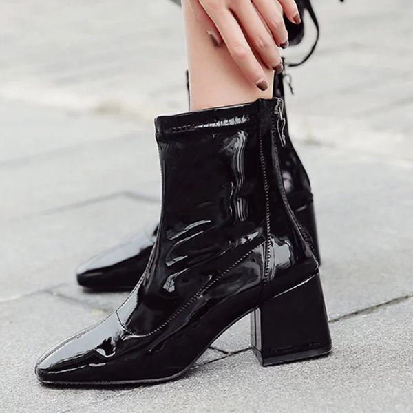 women square toe zipper chunky heels ankle boots women's patent leather fashion shoes female sweing warm short plush gril shoes, Black
women square toe zipper chunky heels ankle boots women's patent leather fashion shoes female sweing warm short plush gril shoes, Black