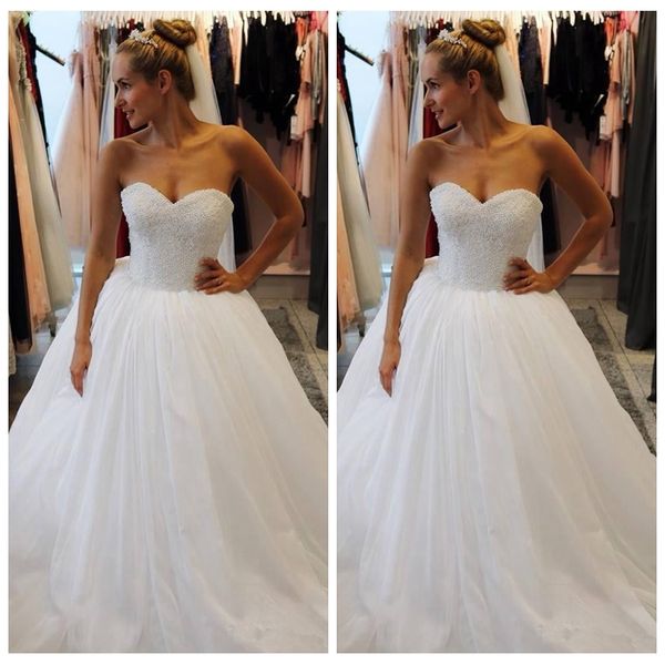 2019 sweetheart beaded pearls a-line wedding dresses formal long lace up back bridal gowns long customized robe de mariee, White
2019 sweetheart beaded pearls a-line wedding dresses formal long lace up back bridal gowns long customized robe de mariee, White