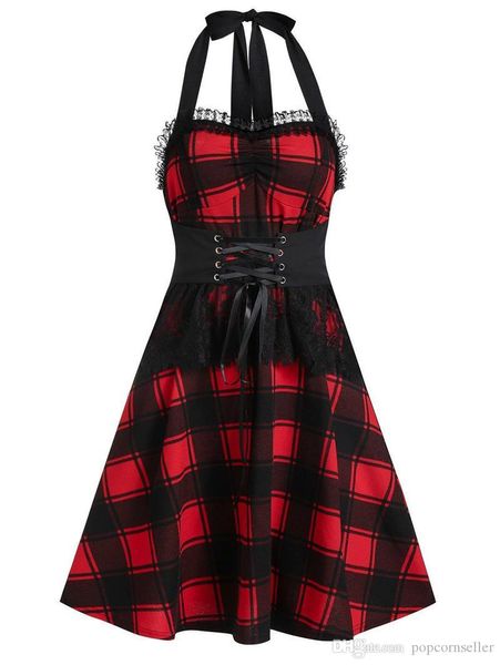 women scotland plaids dress fashion lace printed bandage designer halter classical dresses, Black;gray
women scotland plaids dress fashion lace printed bandage designer halter classical dresses, Black;gray
