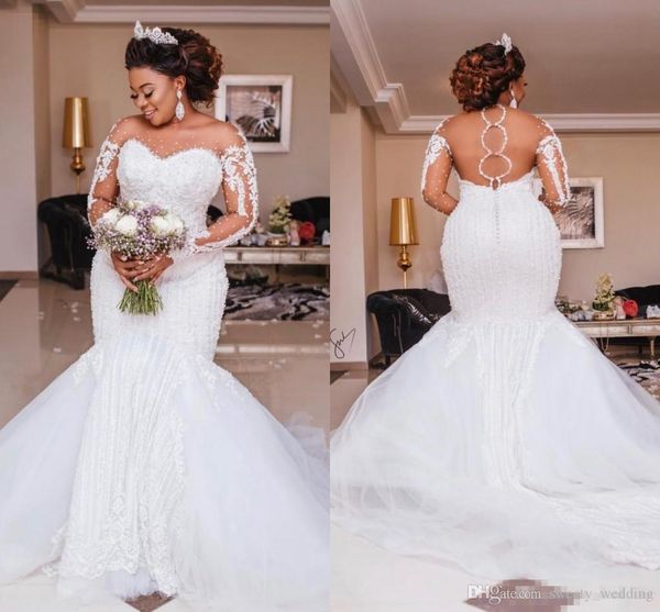 luxury plus size mermaid wedding dresses long sleeve appliques pearls african wedding gowns custom made bridal vestido de noiva 2019, White
luxury plus size mermaid wedding dresses long sleeve appliques pearls african wedding gowns custom made bridal vestido de noiva 2019, White