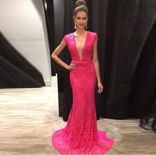 fashion fuchsia full lace mermaid evening dresses deep v-neck bow tie belt prom gown sweep train special occasion dress robe de mariee, Black;red
fashion fuchsia full lace mermaid evening dresses deep v-neck bow tie belt prom gown sweep train special occasion dress robe de mariee, Black;red