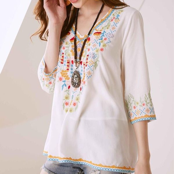 women summer vintage v-neck embroidered blouses hand embroidery floral shirts casual three quarter, White
women summer vintage v-neck embroidered blouses hand embroidery floral shirts casual three quarter, White