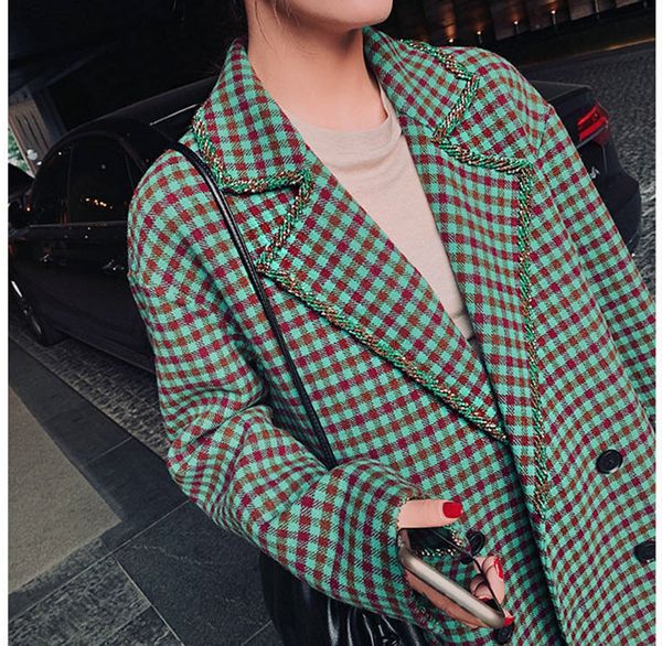 women's jackets green plaid woolen coat loose suit nail beads, Black;brown 
women's jackets green plaid woolen coat loose suit nail beads, Black;brown