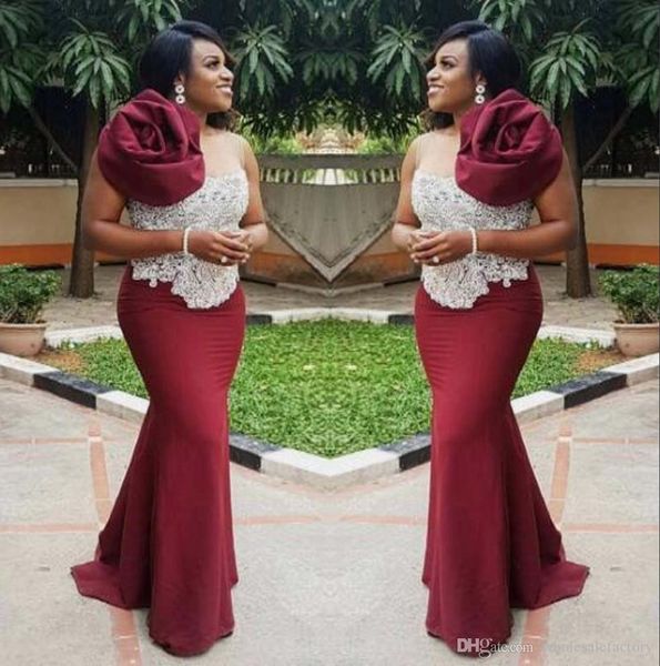 african burgundy satin long mermaid evening dresses one shoulder lace applique sheer neck 3d floral floor length formal party prom gowns, Black;red
african burgundy satin long mermaid evening dresses one shoulder lace applique sheer neck 3d floral floor length formal party prom gowns, Black;red