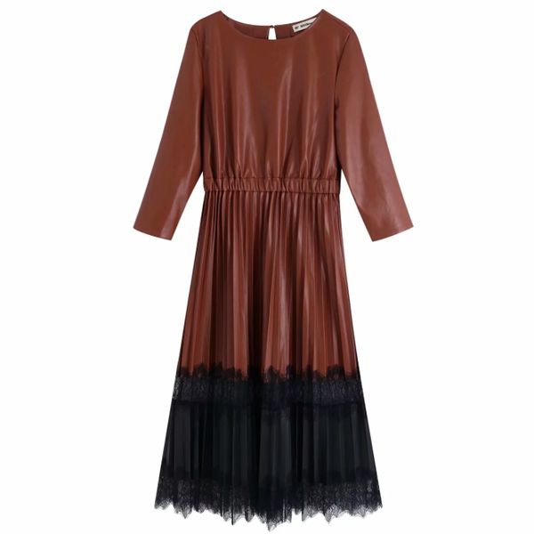 new women vintage o neck hem lace patchwork pu leather midi dress ladies three quarter sleeve pleated casual slim dresses ds3048, Black;gray
new women vintage o neck hem lace patchwork pu leather midi dress ladies three quarter sleeve pleated casual slim dresses ds3048, Black;gray