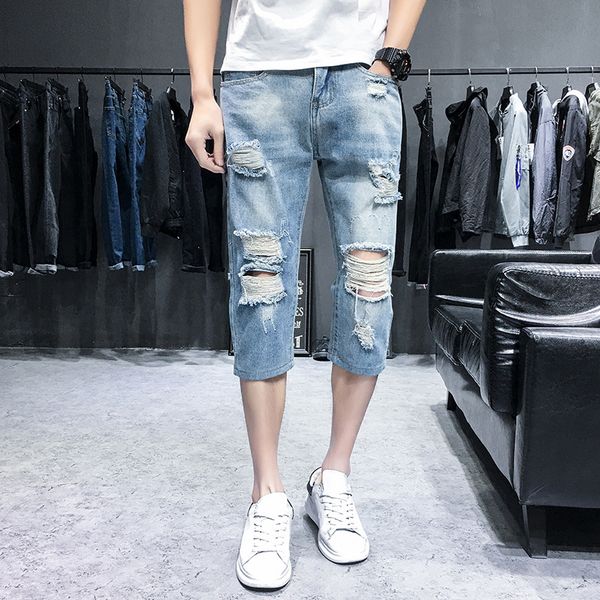spring and summer new style with holes capri jeans men's korean-style trend slim fit students irregular scraping rotten beggar s, Blue
spring and summer new style with holes capri jeans men's korean-style trend slim fit students irregular scraping rotten beggar s, Blue