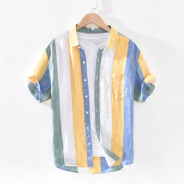 men's casual shirts men summer fashion japan style bright color striped short sleeve single breasted male pure linen top, White;black
men's casual shirts men summer fashion japan style bright color striped short sleeve single breasted male pure linen top, White;black