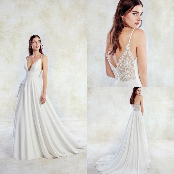 2019 beach satin a line wedding dresses lace appliques spaghetti v neck boho bridal gowns sweep train wedding dress, White
2019 beach satin a line wedding dresses lace appliques spaghetti v neck boho bridal gowns sweep train wedding dress, White