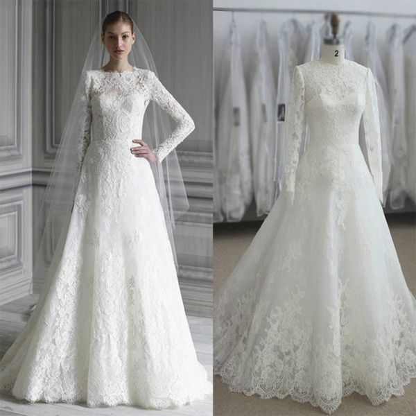 modest design appliqued lace wedding dresses long sleeve small round neck a line sweep trail bridal gowns vestido de noiva, White
modest design appliqued lace wedding dresses long sleeve small round neck a line sweep trail bridal gowns vestido de noiva, White