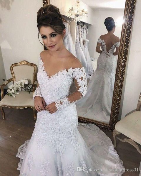 2019 long sleeve mermaid wedding dresses lace appliques off the shoulder country bridal gowns sweep train custom made boho wedding dress, White
2019 long sleeve mermaid wedding dresses lace appliques off the shoulder country bridal gowns sweep train custom made boho wedding dress, White