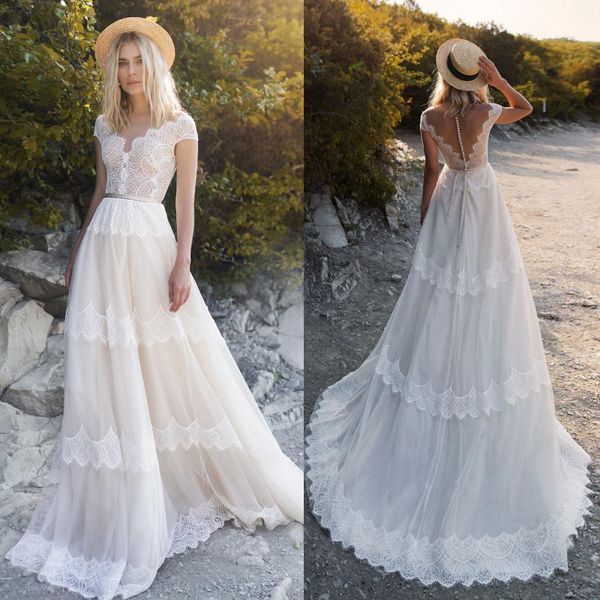 summer lace beach wedding dresses short sleeves buttons back sweep train boho bridal gowns custom made robe de mariée, White
summer lace beach wedding dresses short sleeves buttons back sweep train boho bridal gowns custom made robe de mariée, White
