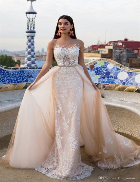 modest mermaid lace wedding dresses with detachable train appliqued sheer neckline beads trumpet bridal gowns dh4086, White
modest mermaid lace wedding dresses with detachable train appliqued sheer neckline beads trumpet bridal gowns dh4086, White