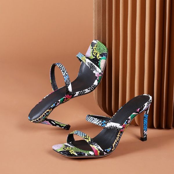women's strappy high heel mules sandals snake print pointy open toe slipper double straps sandals thin heels slip on slippers, Black
women's strappy high heel mules sandals snake print pointy open toe slipper double straps sandals thin heels slip on slippers, Black