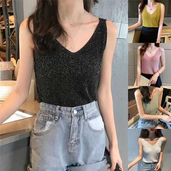 selling summer women tank sleeveless shiny knitted vest v neck rhinestone female tee shirt camis, White
selling summer women tank sleeveless shiny knitted vest v neck rhinestone female tee shirt camis, White
