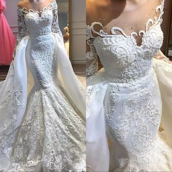 vintage lace mermaid wedding dresses with overskirt 2019 sheer neck long sleeves bridal gowns sweep train plus size wedding vestidos, White
vintage lace mermaid wedding dresses with overskirt 2019 sheer neck long sleeves bridal gowns sweep train plus size wedding vestidos, White