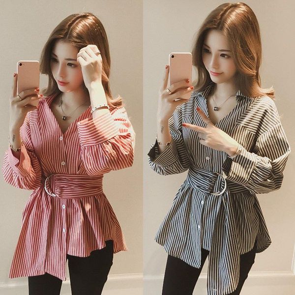 women's summer blouses 2019 autumn striped shirts loose long sleeves v neck slim fit casual bs88, White
women's summer blouses 2019 autumn striped shirts loose long sleeves v neck slim fit casual bs88, White
