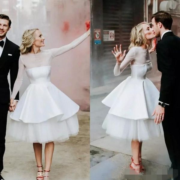2020 short a line wedding dresses sheer neck jewel long sleeves satin tulle knee length wedding bridal gown hochzeitskleid vestido de novia, White
2020 short a line wedding dresses sheer neck jewel long sleeves satin tulle knee length wedding bridal gown hochzeitskleid vestido de novia, White