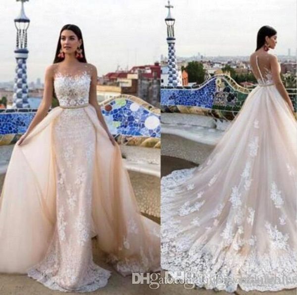 charming elegant champagne lace wedding dresses with detachable train milla nova 2018 sheer neck illusion back trumpet bridal gowns ba4668, White
charming elegant champagne lace wedding dresses with detachable train milla nova 2018 sheer neck illusion back trumpet bridal gowns ba4668, White