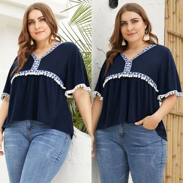 women v neck frill blouse t shirt bohemia tassle summer holiday plus size, White