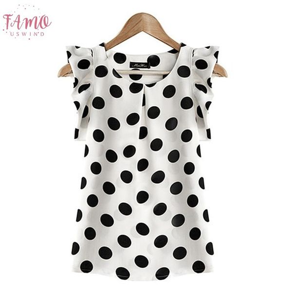 women blouses summer polka dot chiffon regular tee femme formal summer regular wommen printed drop shipping, White