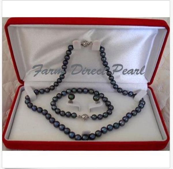 genuine 7-8mm black pearl necklace earrings bracelet set cultured freshwater, Silver
genuine 7-8mm black pearl necklace earrings bracelet set cultured freshwater, Silver