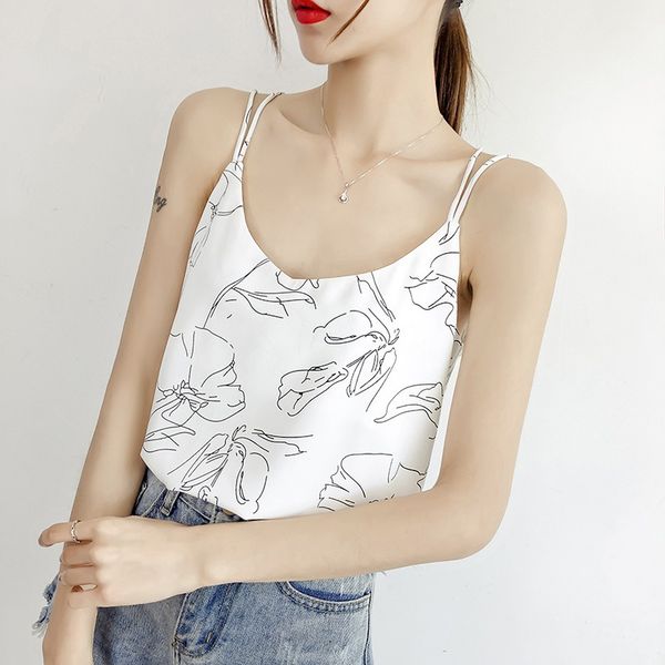 2019 new summer women print chiffon loose sleeveless camisole breathable cute sweet sling, White
2019 new summer women print chiffon loose sleeveless camisole breathable cute sweet sling, White