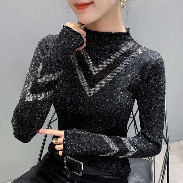 european goods spring slim fit long-sleeve mesh-panel half-turtle-neck v knit base shirt drilling sweater women's, White;black
european goods spring slim fit long-sleeve mesh-panel half-turtle-neck v knit base shirt drilling sweater women's, White;black