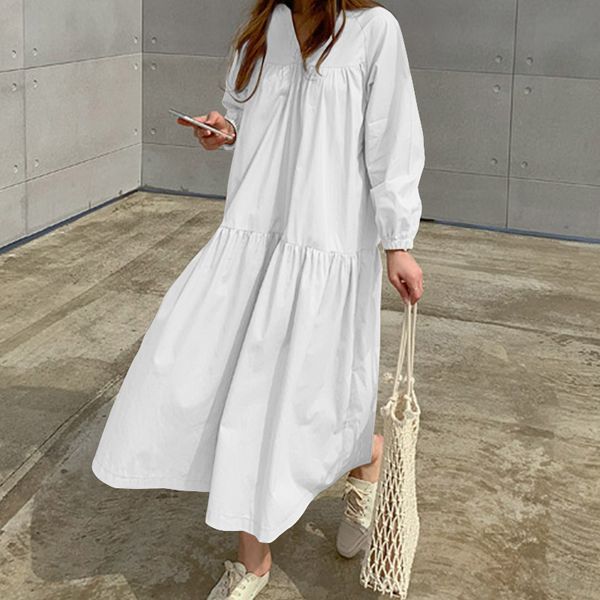 plus size dress celmia 2020 women autumn long sleeve pleated shirt dress casual loose v neck solid maxi long vestidos robe party, Black;gray
plus size dress celmia 2020 women autumn long sleeve pleated shirt dress casual loose v neck solid maxi long vestidos robe party, Black;gray