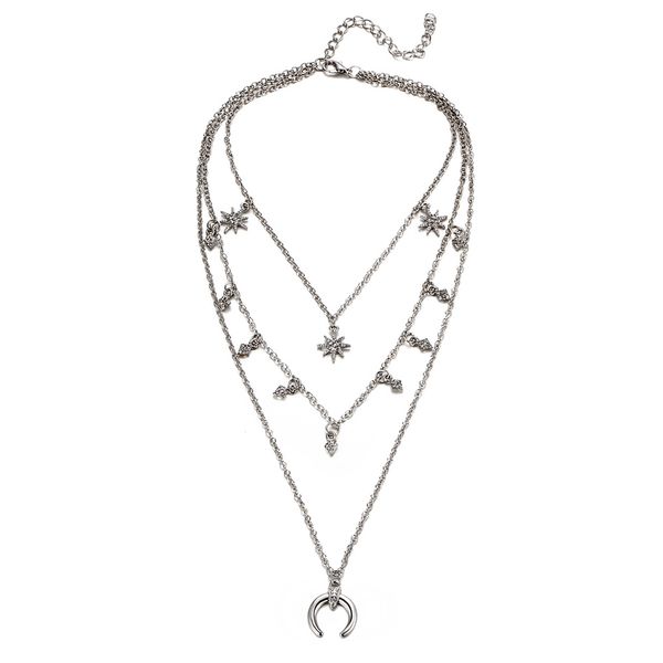 european and american new pendant necklace choker moon horn pendant three-layer diamond crystal collarbone necklace jewelry, Silver
european and american new pendant necklace choker moon horn pendant three-layer diamond crystal collarbone necklace jewelry, Silver